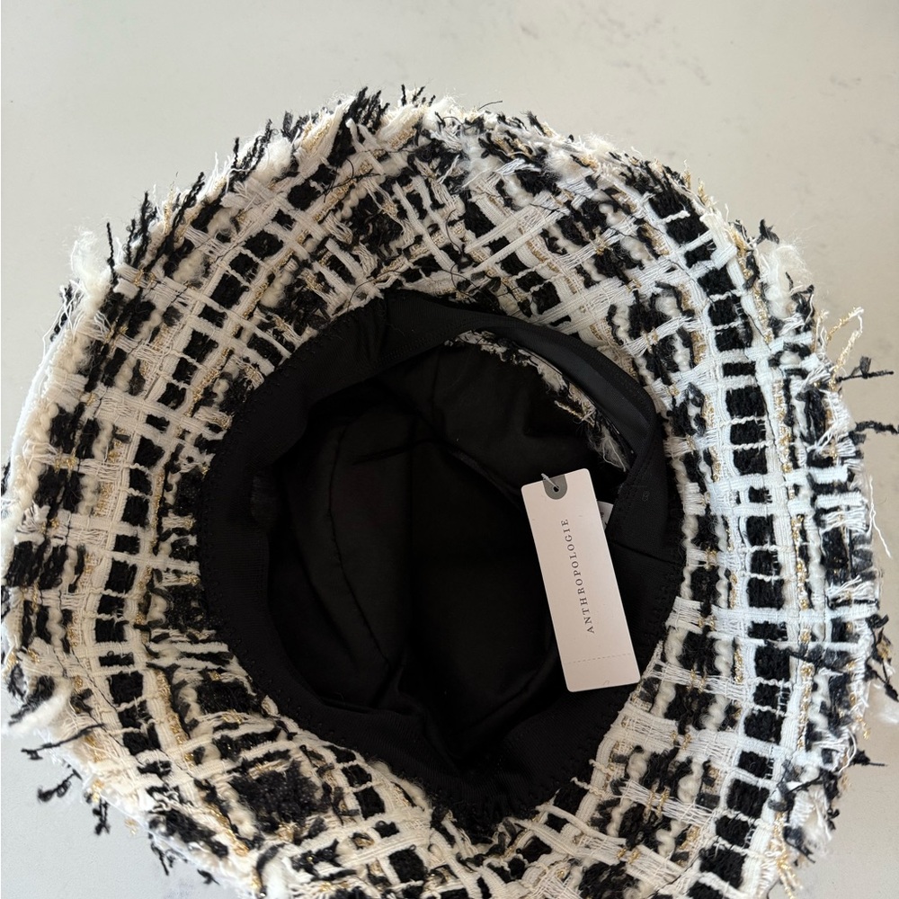 Anthropologie OS Plaid Tweed Bucket hat with Black White Metallic Lurex Gold - Picture 7 of 8